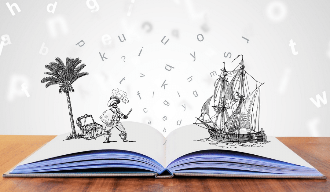 A pirate and ship coming out of a book to represent a story that could be told in content marketing