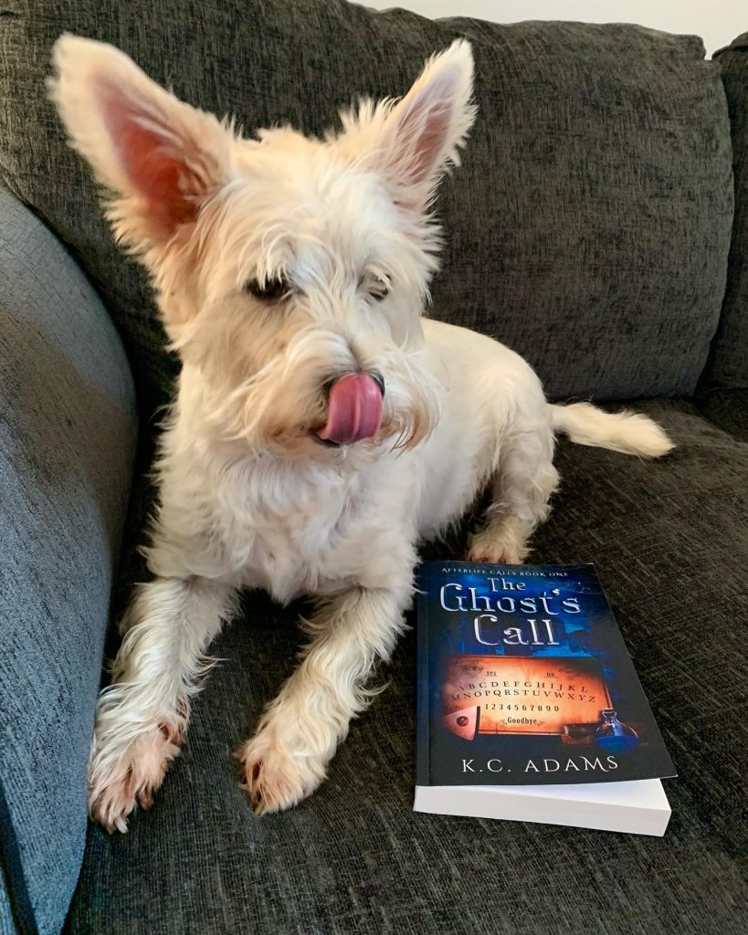 Millie the west posing with The Ghost's Call book